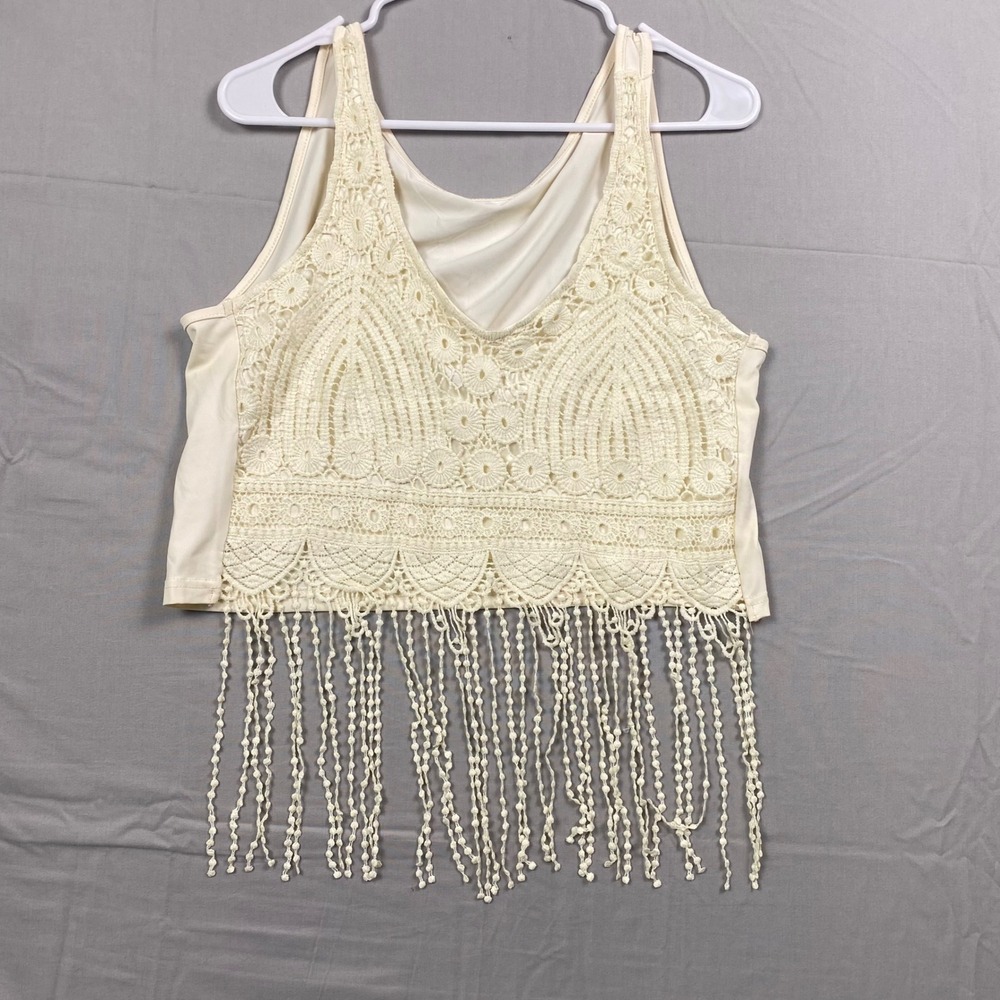 Crochet Fringe Crop Tank Top Womens Medium Cream Bohemian Boho Festival